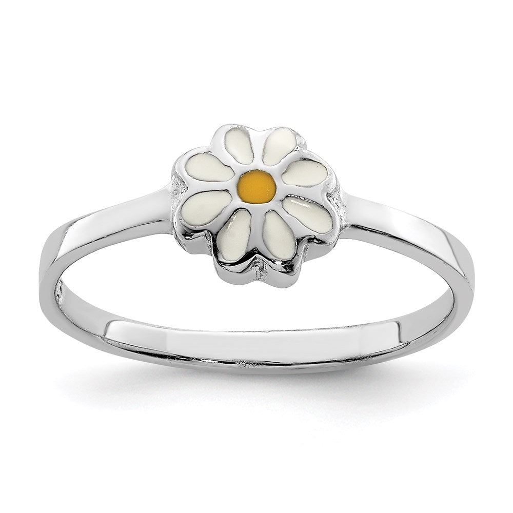 Sterling Silver RH-plated White & Yellow Enameled Daisy Size 3 Ring