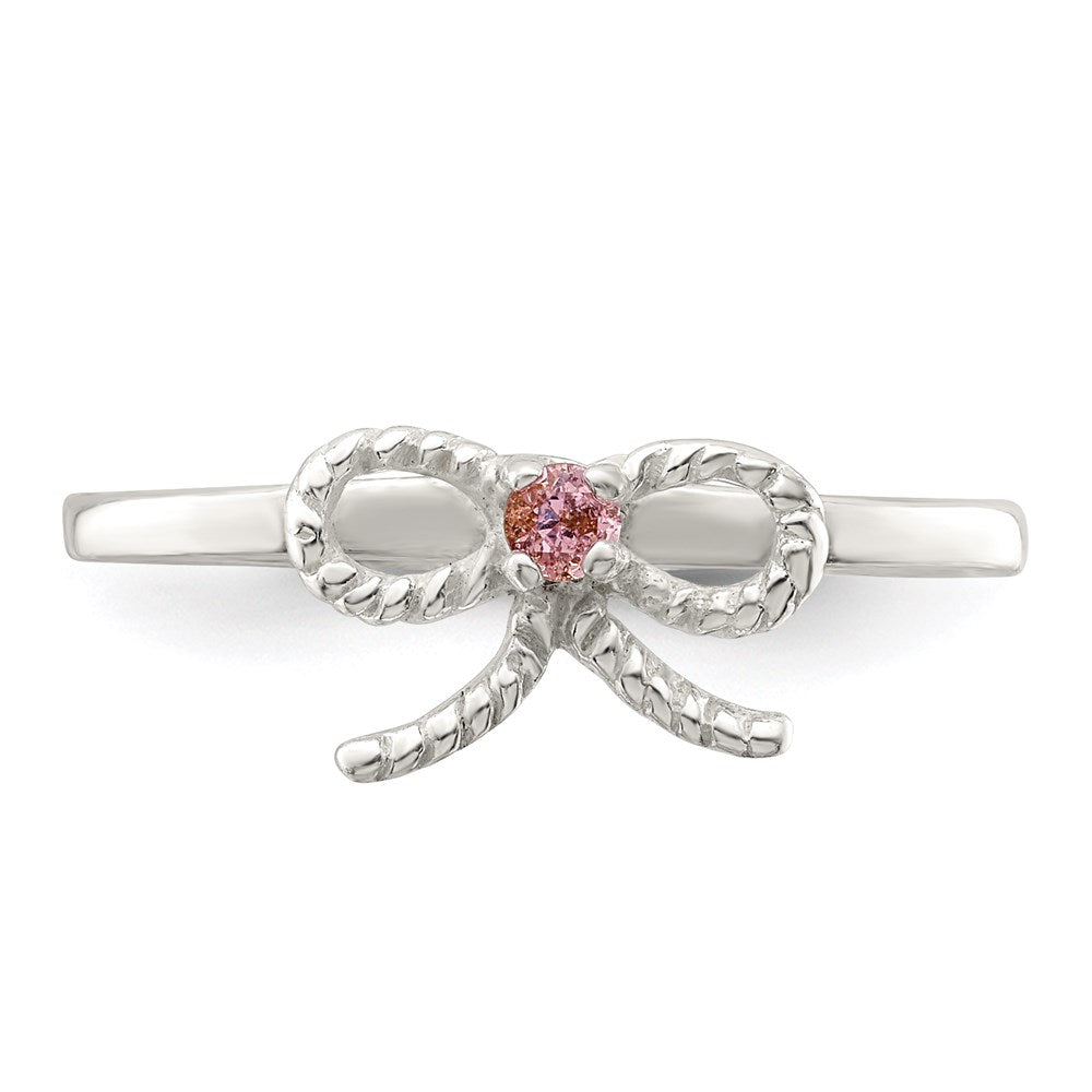 Sterling Silver Polished & Twisted Pink CZ Bow Size 4 Ring