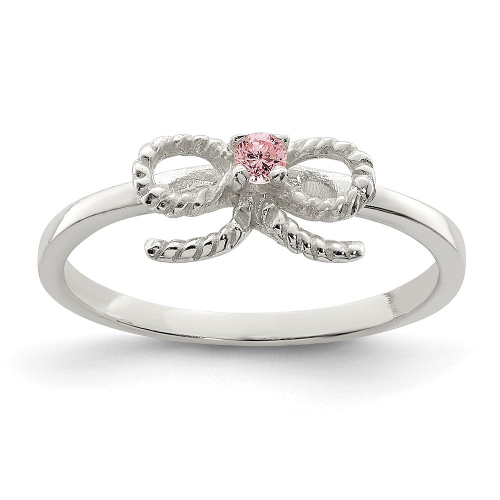 Sterling Silver Polished & Twisted Pink CZ Bow Size 3 Ring