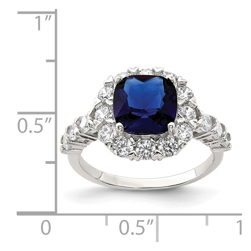 Sterling Silver Rhodium-plated Polished Blue Glass and CZ Ring