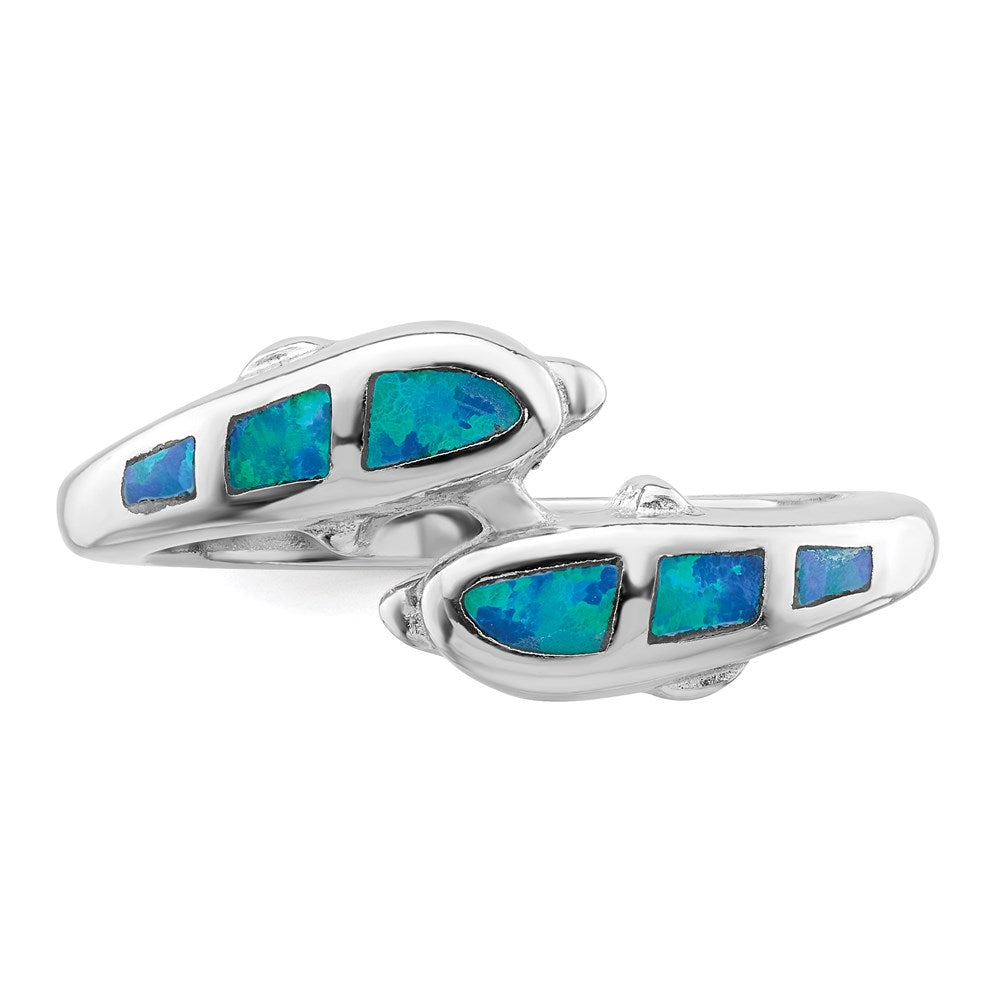 Sterling Silver Rhodium Created Blue Opal Dolphins Ring