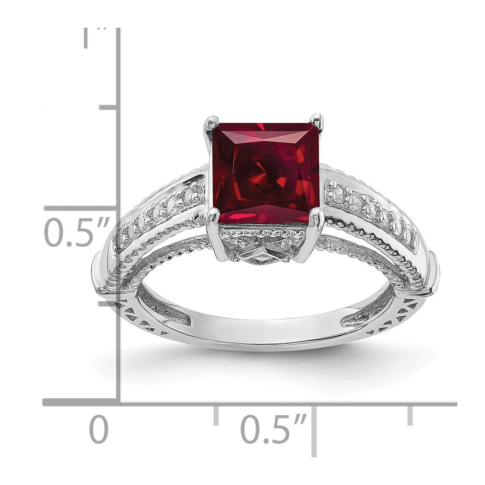 Sterling Silver Rhodium-plated Synthetic Ruby and CZ Ring