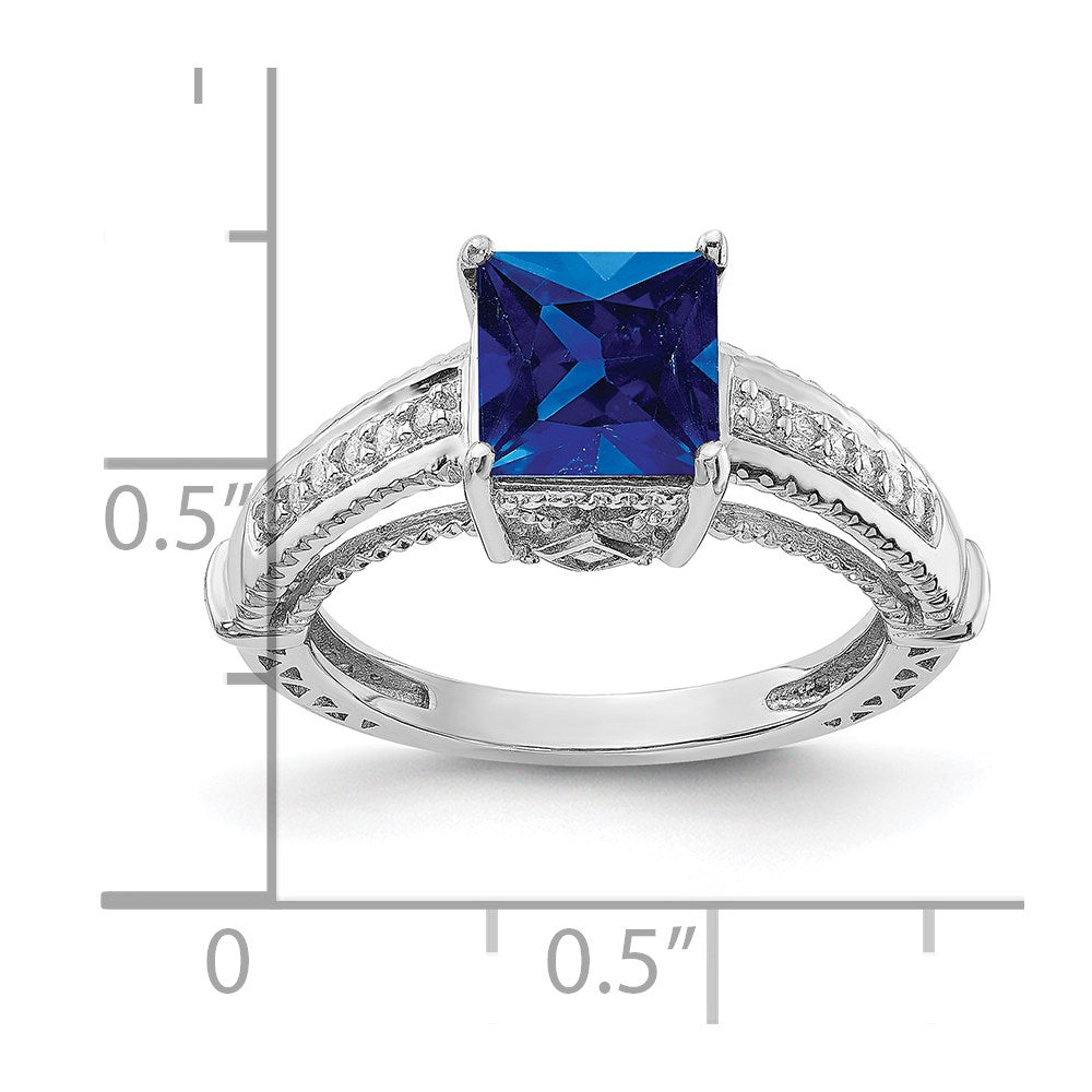 Sterling Silver Rhodium-plated Lab Created Blue Sapphire and CZ Ring