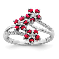 Sterling Silver Rhodium-plated 3 Flower Ruby and Diamond Ring