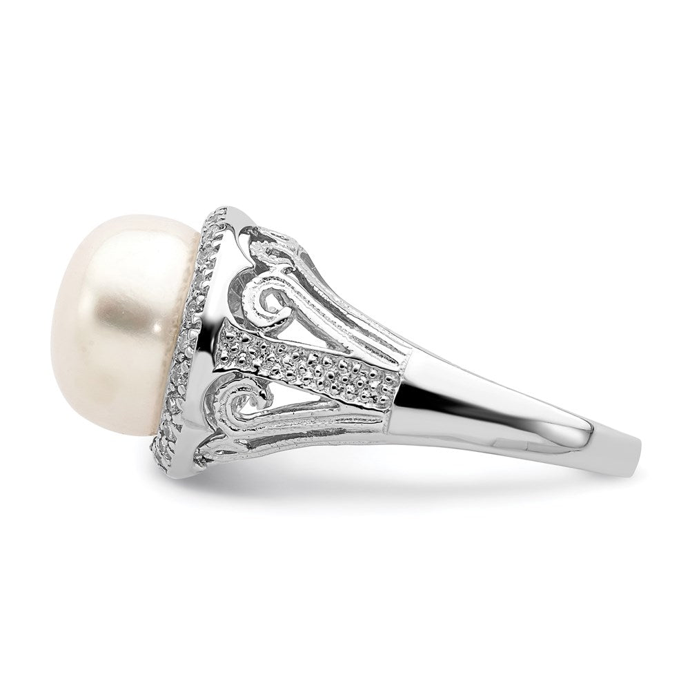Sterling Silver Rh-plated 10-11mm White FW Cultured Pearl and CZ Ring