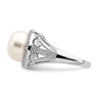 Sterling Silver Rh-plated 10-11mm White FW Cultured Pearl and CZ Ring