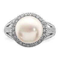Sterling Silver Rhodium-plated 10-11mm White FWC Pearl and CZ Ring