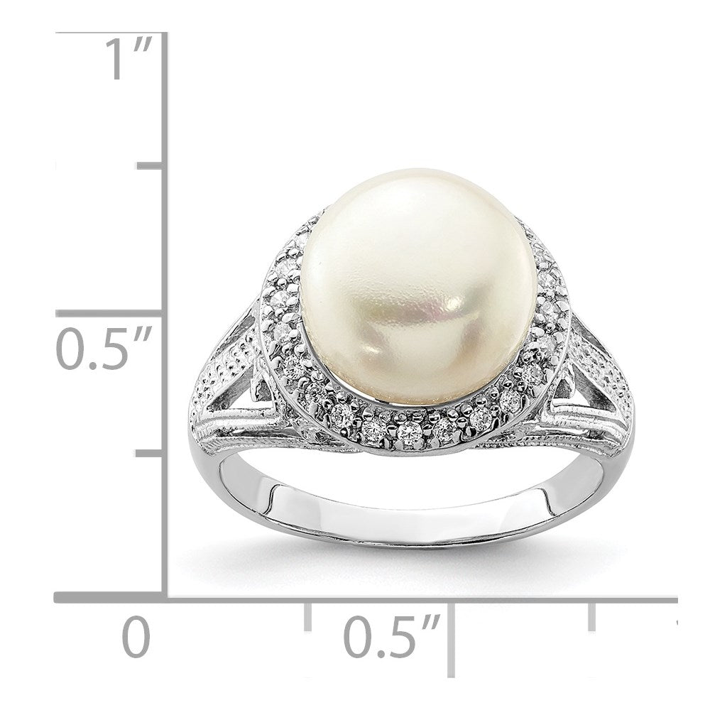 Sterling Silver Rh-plated 10-11mm White FW Cultured Pearl and CZ Ring