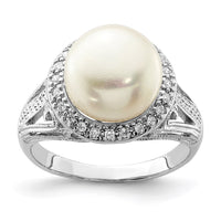 Sterling Silver Rhod-plated 10-11mm White FW Cultured Pearl and CZ Ring