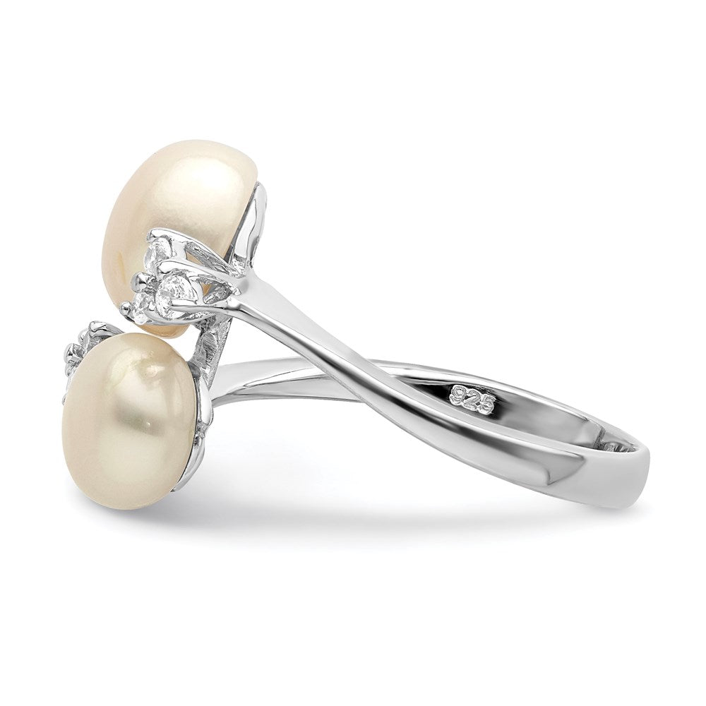 Sterling Silver Rhod-plated 8-9mm White 2-FW Cultured Pearl and CZ Ring