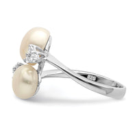 Sterling Silver Rhod-plated 8-9mm White 2-FW Cultured Pearl and CZ Ring