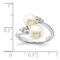 Sterling Silver Rh-plated 8-9mm White 2-FW Cultured Pearl and CZ Ring