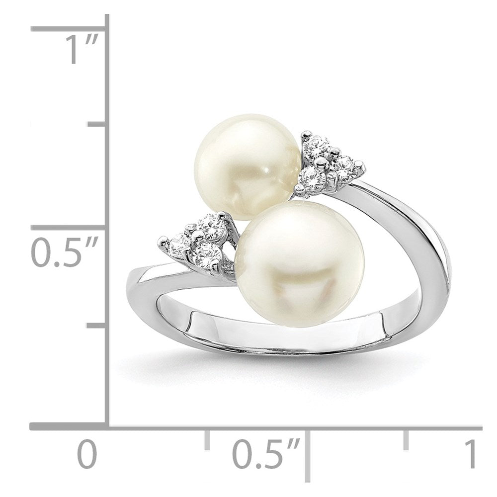 Sterling Silver Rhod-plated 8-9mm White 2-FW Cultured Pearl and CZ Ring