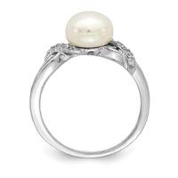 Sterling Silver Rh-plated 8-9mm White FW Cultured Pearl CZ Ring