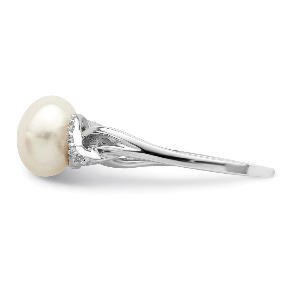 Sterling Silver Rh-plated 8-9mm White FW Cultured Pearl CZ Ring