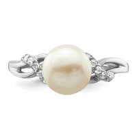 Sterling Silver Rhodium-plated 8-9mm White FW Cultured Pearl CZ Ring