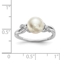 Sterling Silver Rh-plated 8-9mm White FW Cultured Pearl CZ Ring