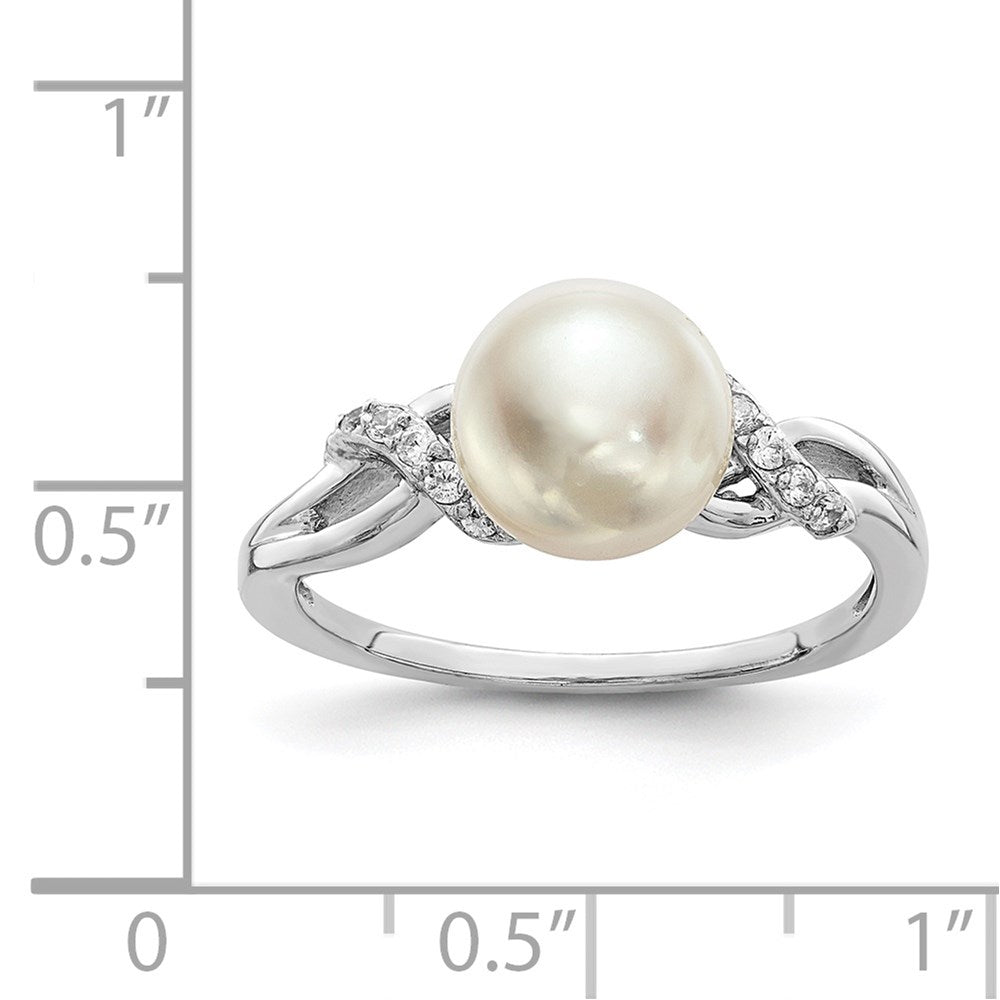 Sterling Silver Rhodium-plated 8-9mm White FW Cultured Pearl CZ Ring