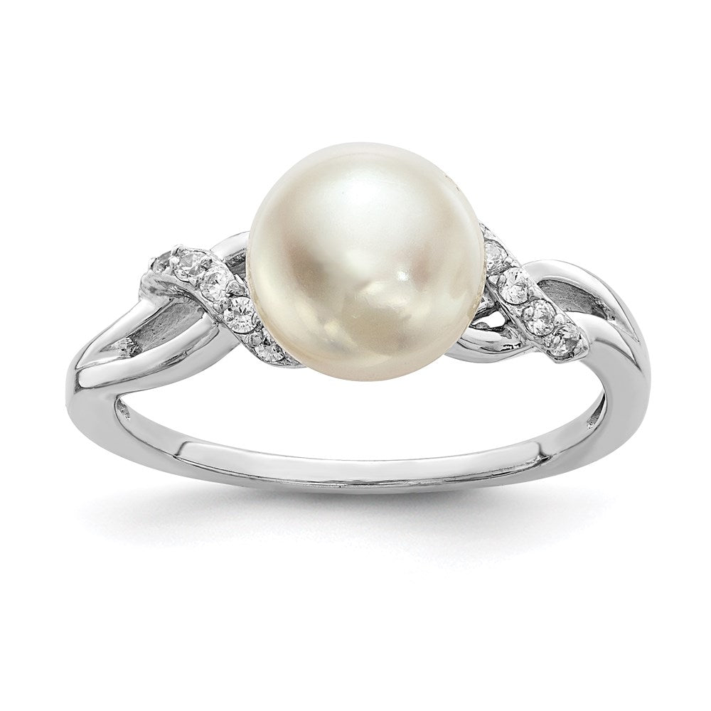 Sterling Silver Rh-plated 8-9mm White FW Cultured Pearl CZ Ring