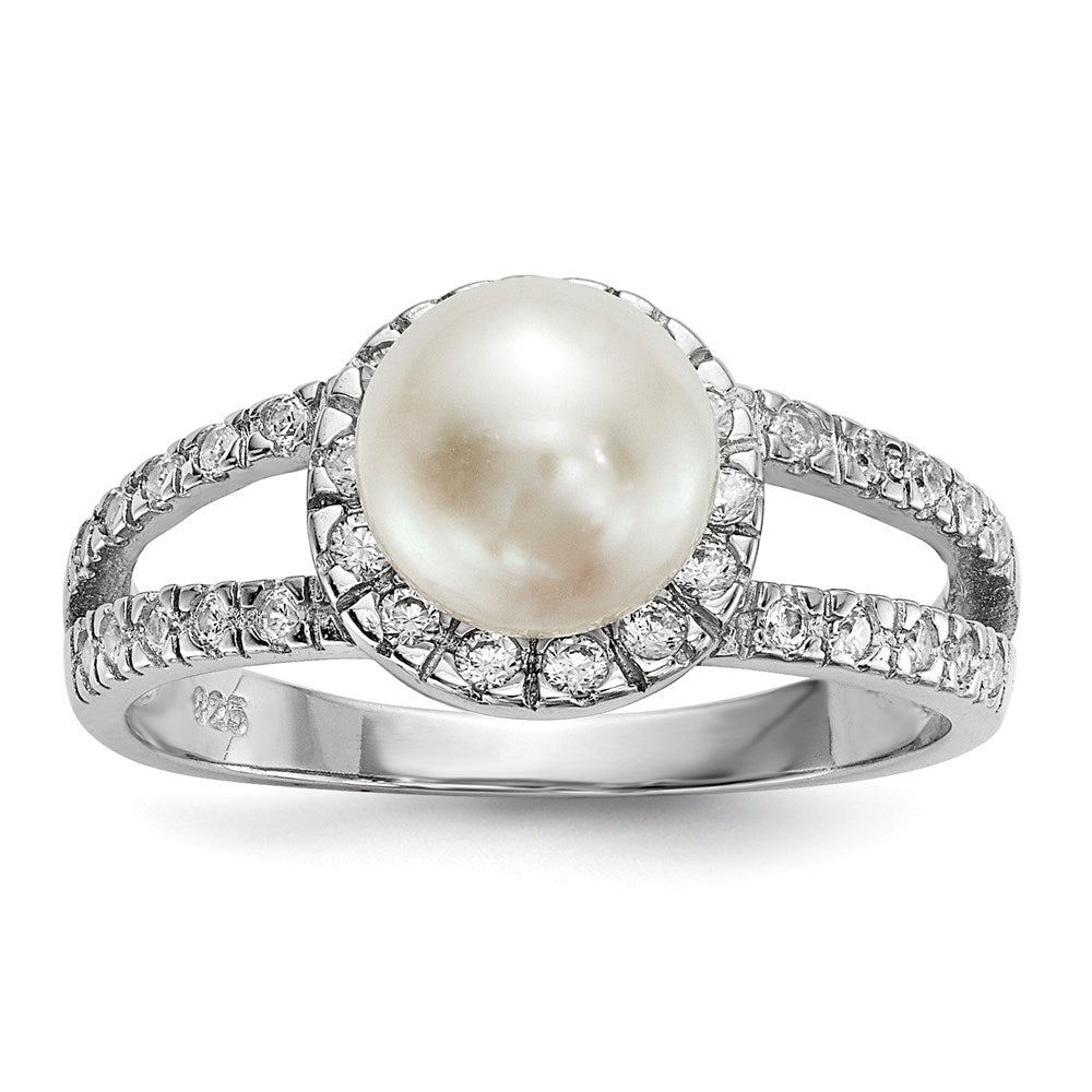 Sterling Silver RH 7-8mm White Button FWC Pearl CZ Ring
