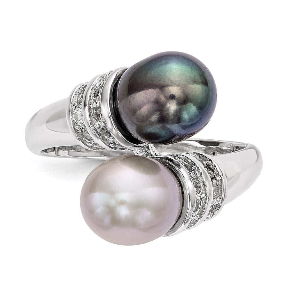 Sterling Silver RH 7-8mm Black/Grey Rice FWC Pearl CZ Ring