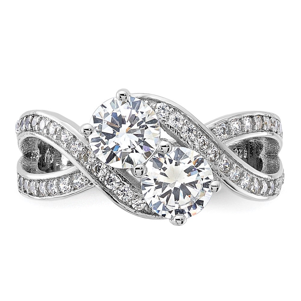 Sterling Silver Rhodium-plated CZ Two Stone Polished Ring