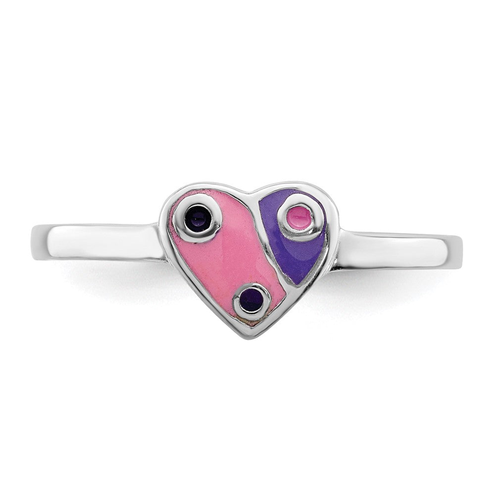 Sterling Silver RH-plated Pink & Purple Enameled Heart Children's Ring