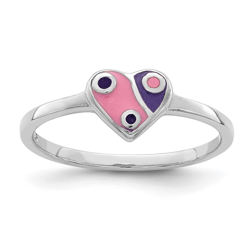 Sterling Silver RH-plated Pink & Purple Enameled Heart Children's Ring