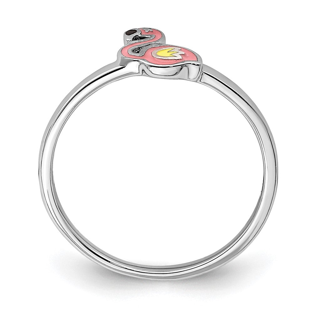 Sterling Silver RH-plated Multi-color Enameled Flamingo Size 3 Ring