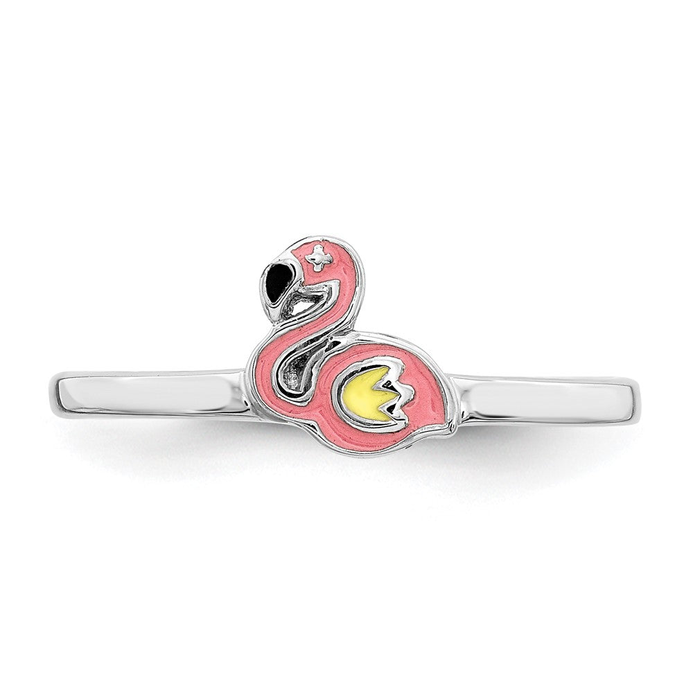 Sterling Silver RH-plated Multi-color Enameled Flamingo Size 3 Ring