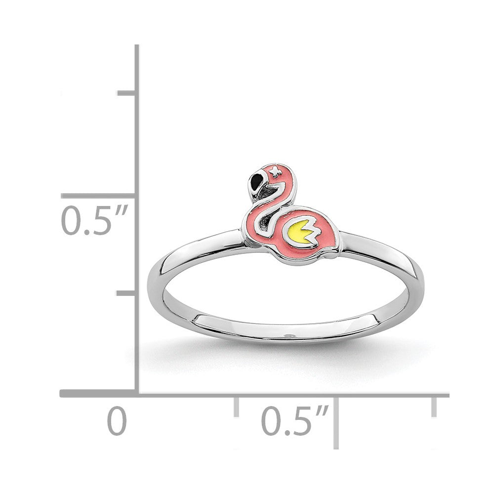 Sterling Silver RH-plated Multi-color Enameled Flamingo Size 3 Ring