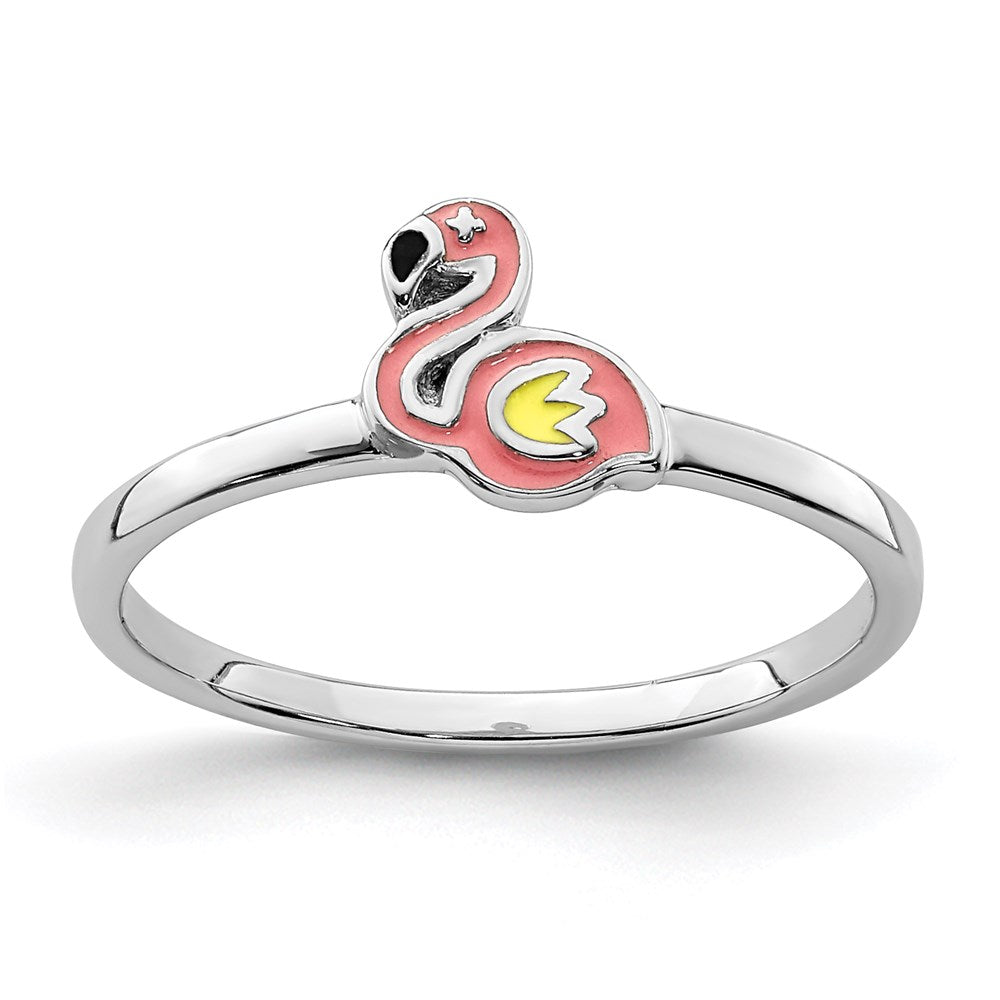 Sterling Silver RH-plated Multi-color Enameled Flamingo Size 4 Ring