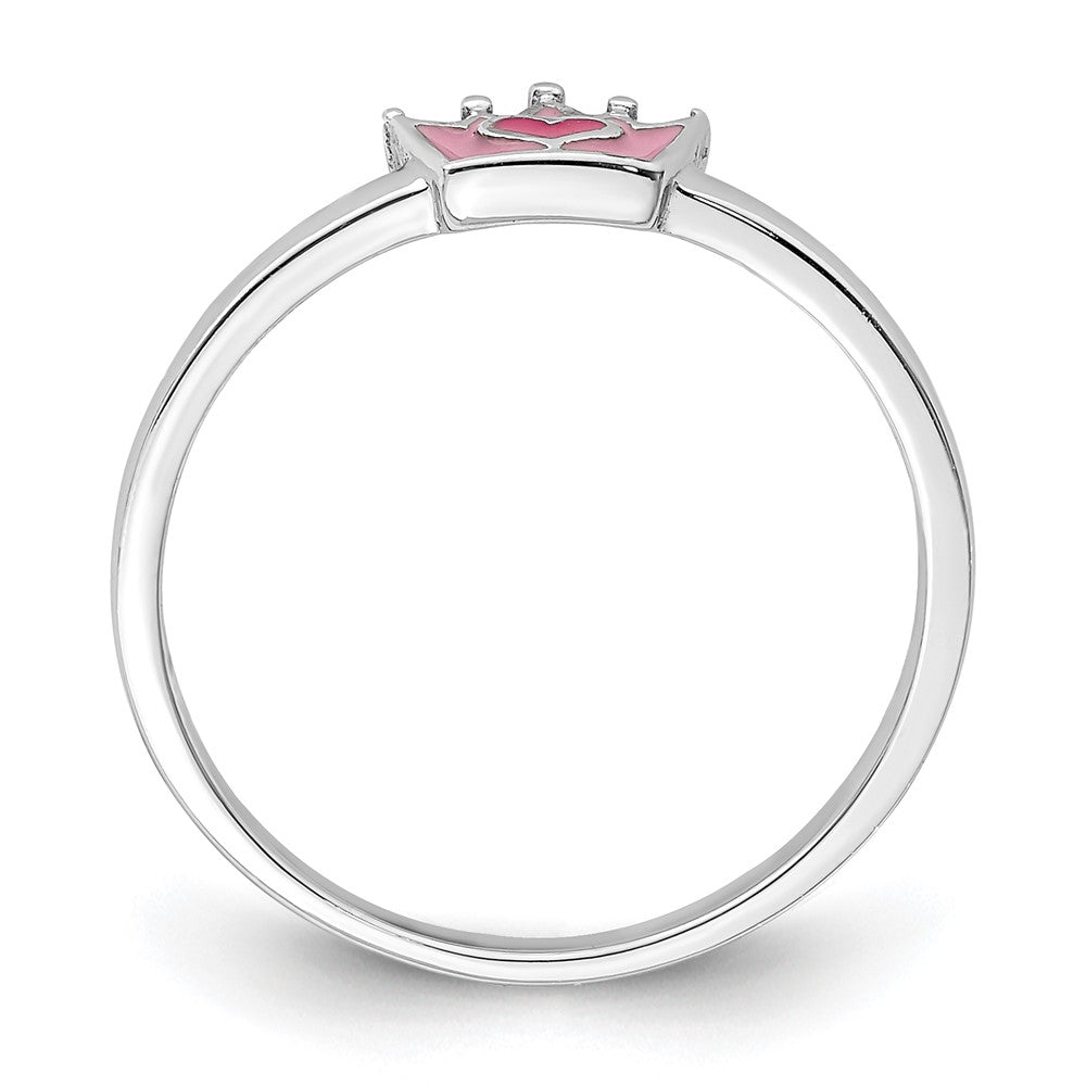 Sterling Silver Rhodium-plated Polished Pink Enamel Crown Size 3 Ring