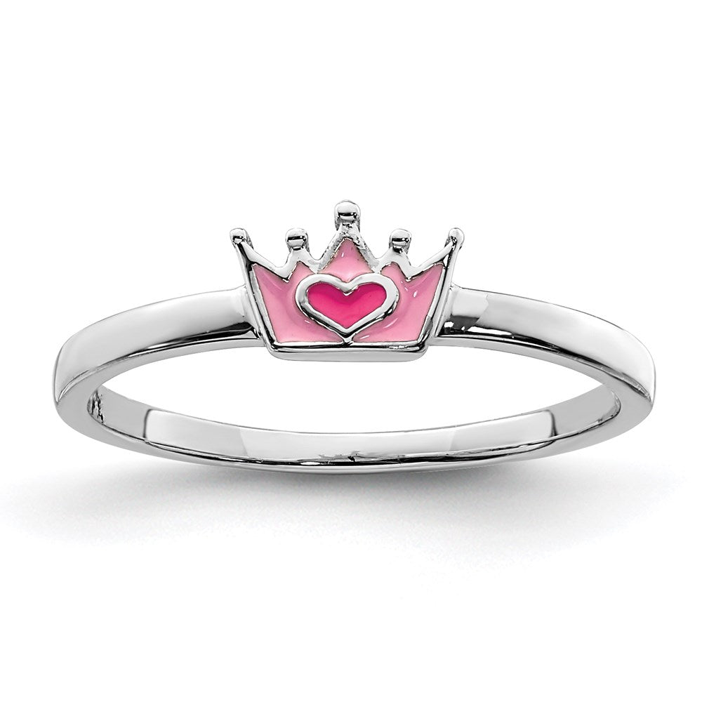 Sterling Silver Rhodium-plated Polished Pink Enamel Crown Size 3 Ring