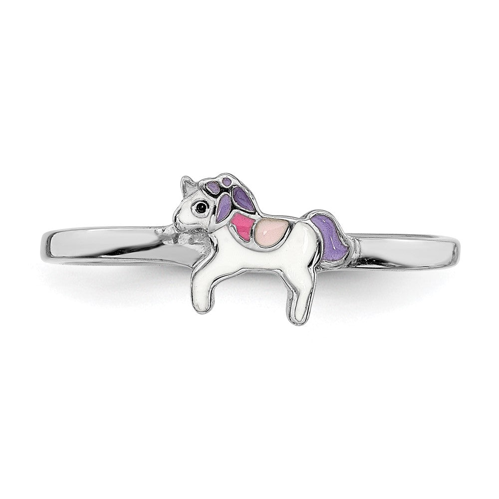 Sterling Silver RH-plated Multi-color Enameled Unicorn Size 4 Ring