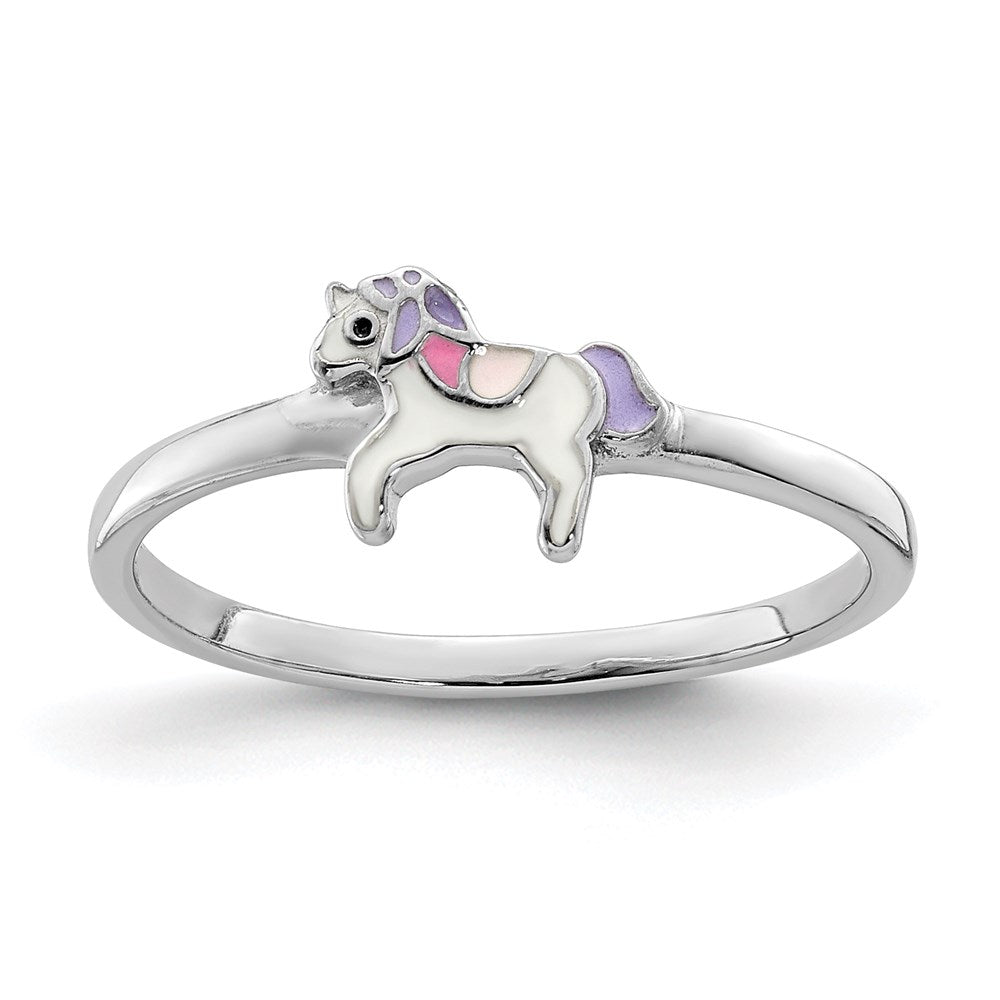 Sterling Silver RH-plated Multi-color Enameled Unicorn Size 4 Ring