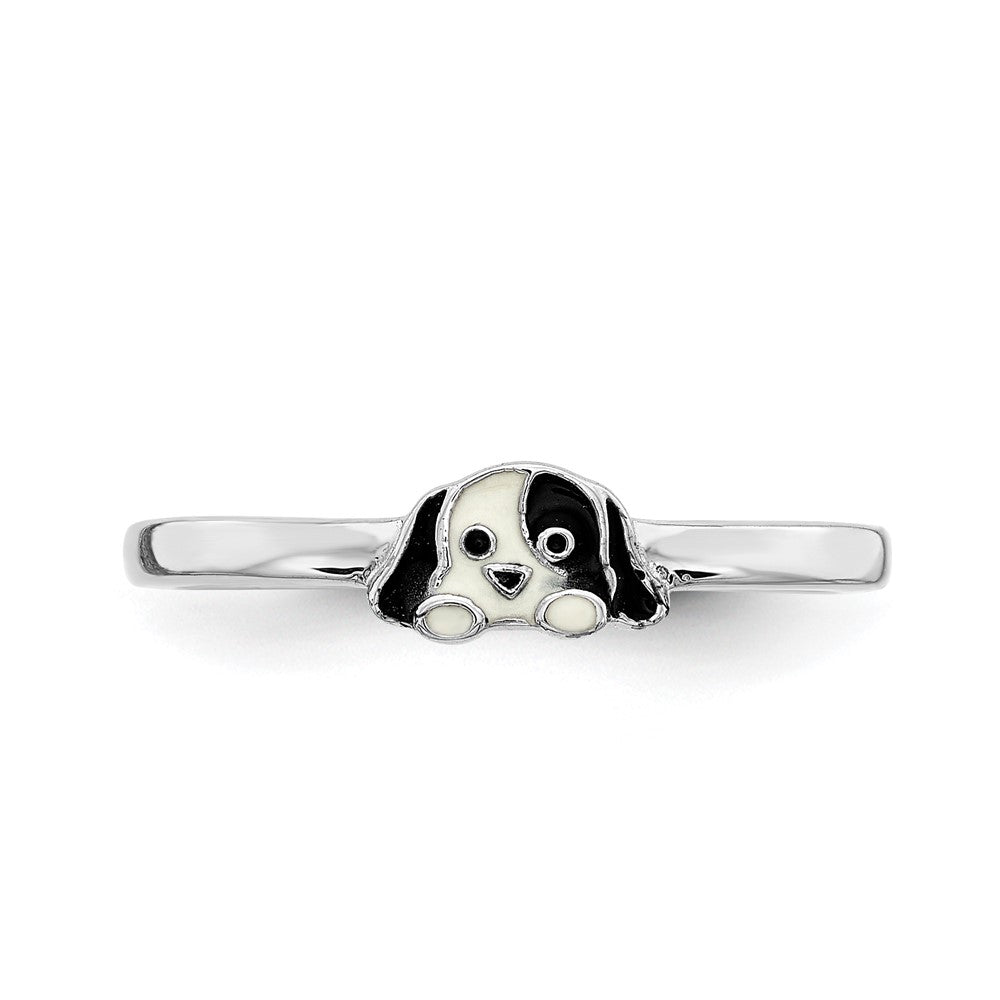 Sterling Silver RH-plated Black/White Enameled Puppy Size 4 Ring
