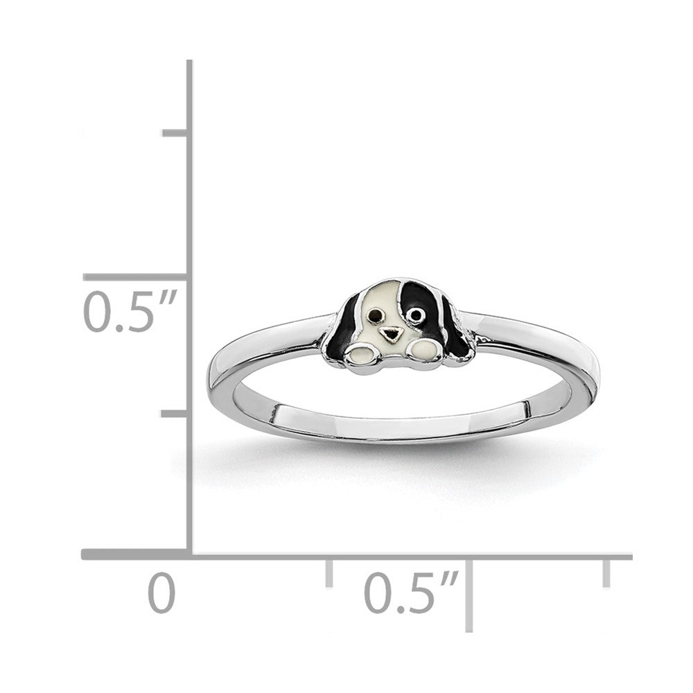 Sterling Silver RH-plated Black/White Enameled Puppy Size 4 Ring