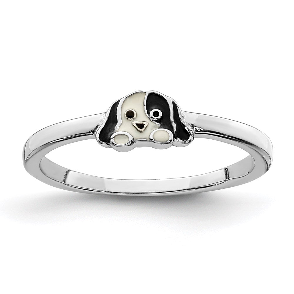Sterling Silver RH-plated Black/White Enameled Puppy Size 4 Ring