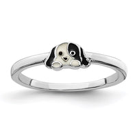 Sterling Silver RH-plated Black/White Enameled Puppy Size 4 Ring