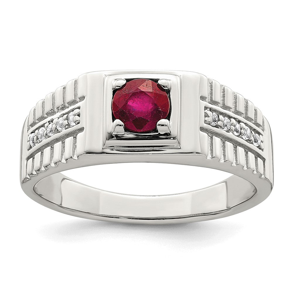 Sterling Silver Rhod-plated Men's African Ruby and White Topaz Ring