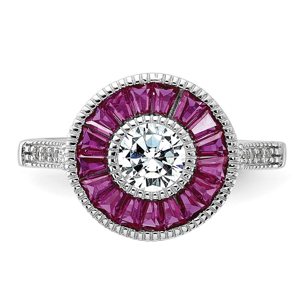 Sterling Silver Rhodium-plated Polished Created Ruby and CZ Ring