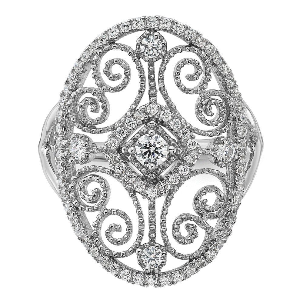 Sterling Silver Rhodium-plated CZ Filigree Oval Ring