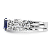 Sterling Silver Rhodium-plated 8mm Blue CZ Ring & 2 CZ Band Set