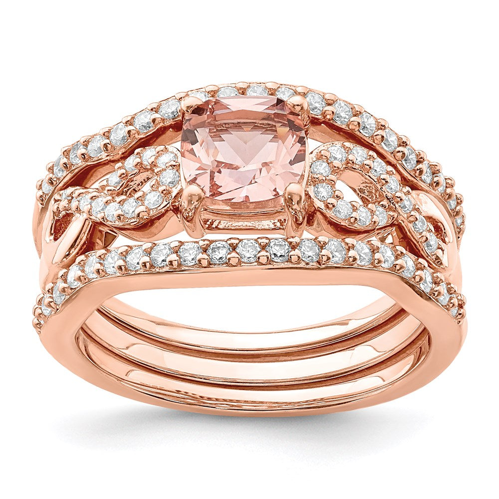Sterling Silver Rose-plated 3 Piece Pink Crystal & CZ Ring Set