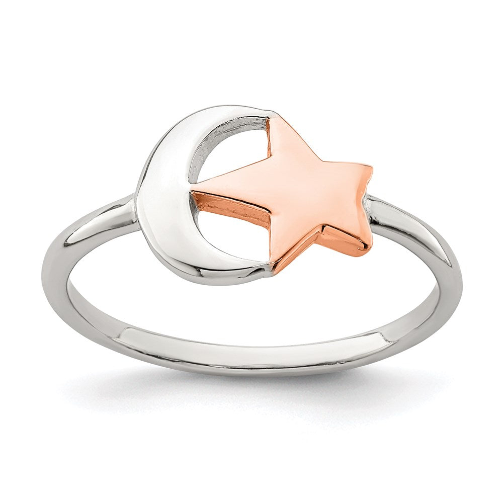 Sterling Silver Rose-tone Moon & Star Ring