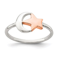 Sterling Silver Rose-tone Moon & Star Ring