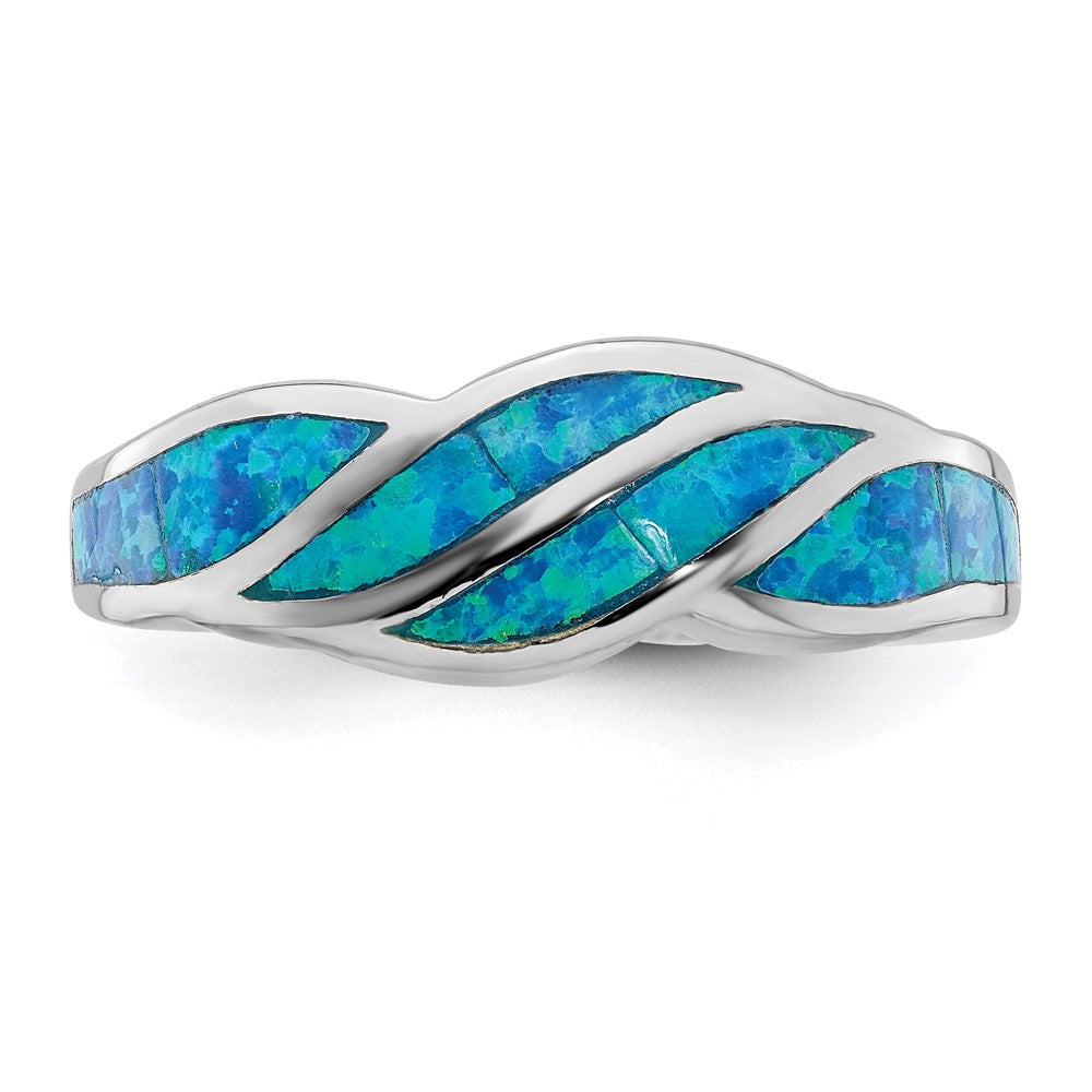 Sterling Silver Rhodium-plated Created Blue Opal Inlay Ring
