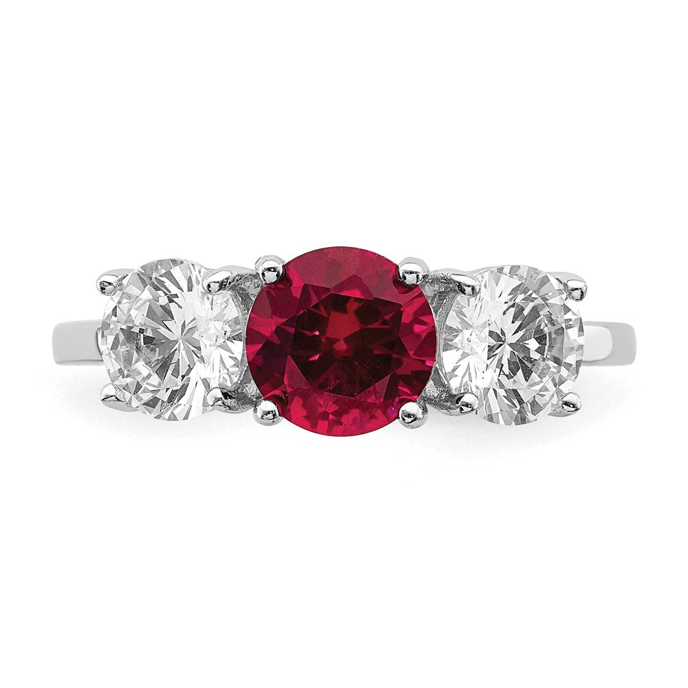 Sterling Silver Rhodium-plated Created Corundum & CZ 3 Stone Ring