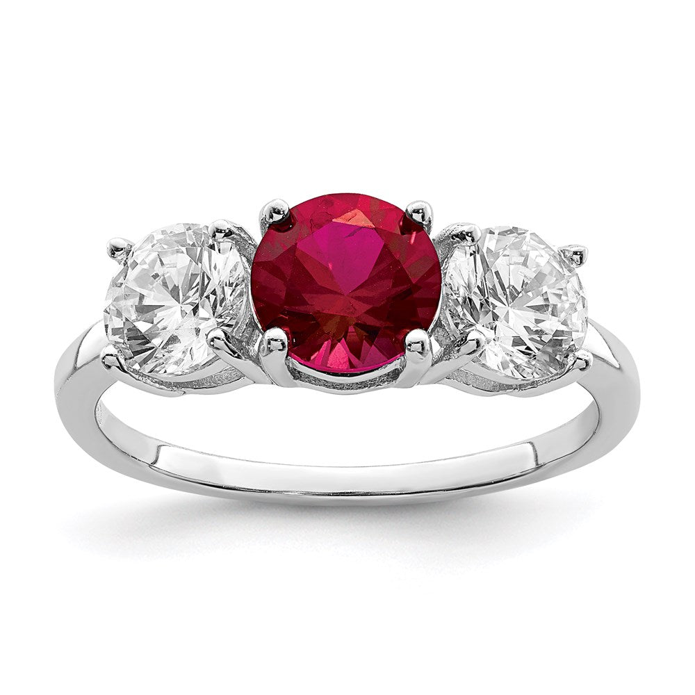 Sterling Silver Rhodium-plated Created Corundum & CZ 3 Stone Ring